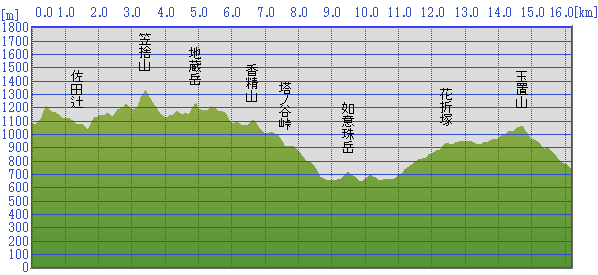 怒田宿跡～玉置辻高低図